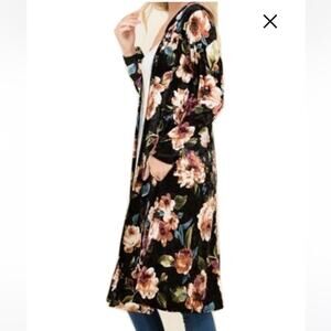 Gorilla & Cat Velvet Stretch Floral Print Open Front Cardigan Kimono Black Large